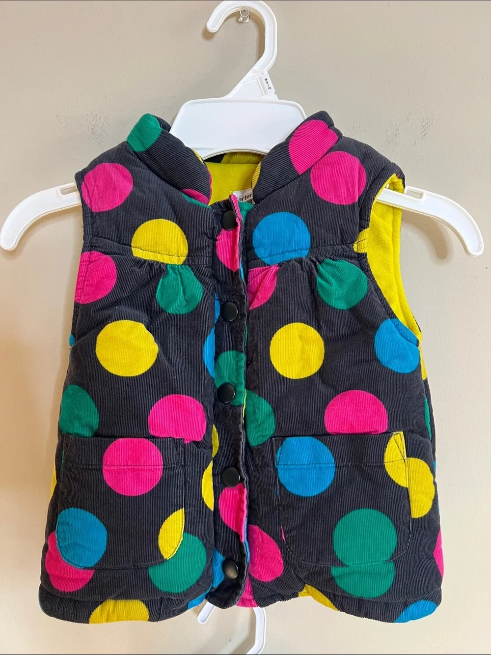 👧🧸🪁🪀Gymboree Black Puffer Vest with Bright Multicolor Polka Dots
